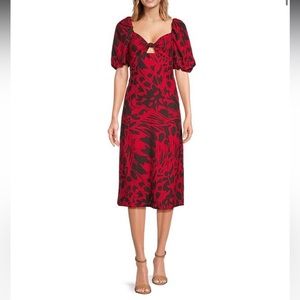 Floral Print Short Puff Sleeve Sweetheart Neck Knot Front Cut Out Midi Dress